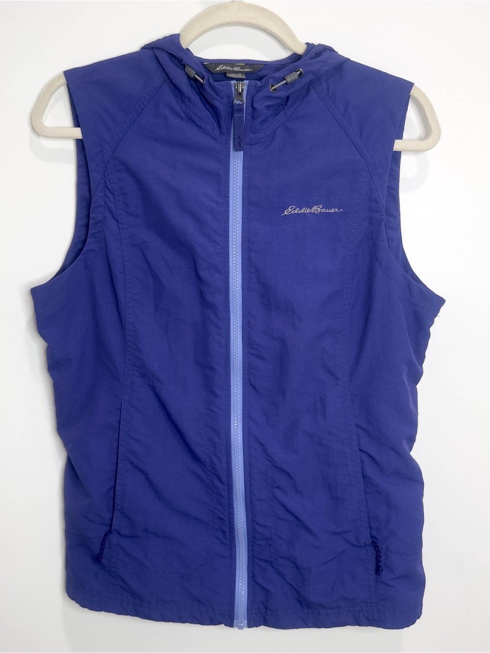 Eddie Bauer Lightweight Hooded Nylon Vest Womens M Cobalt Blue Full Zip Gorpcore